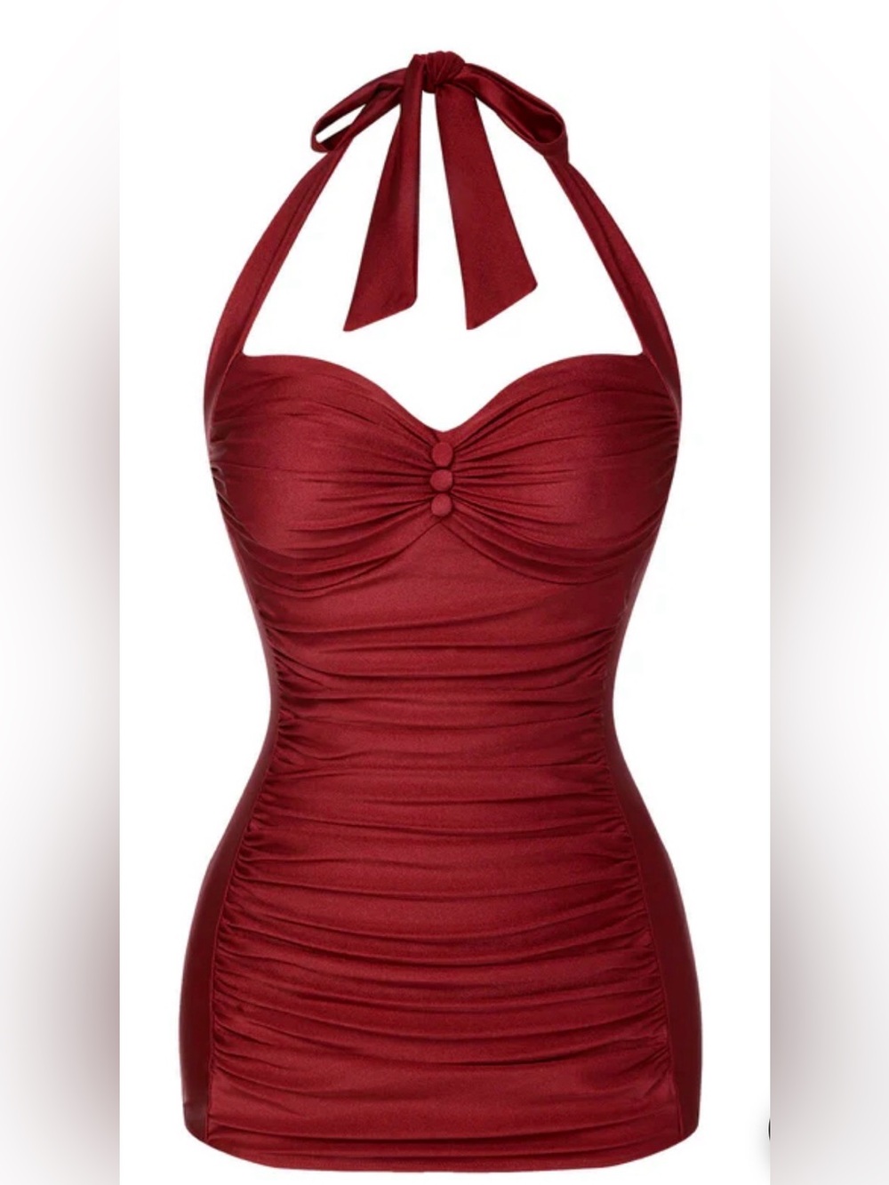 Retro Stage Red 1950s Solid Gathered Halter Swimsuit